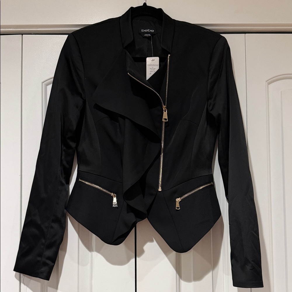 Bebe Katrina drape front moto Black‎ Blazer with Gold Zipper Details 8 nwt